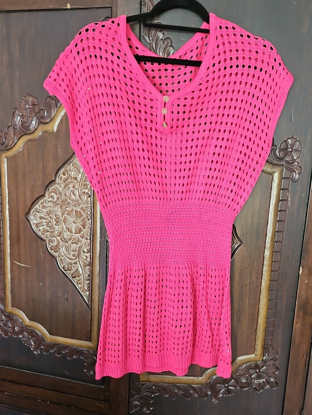 Bright Pink Open-Knit Short Sleeve Swim Cover-up